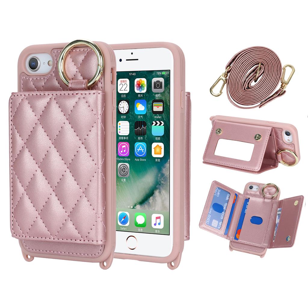 For iPhone SE (2022)/(2020)/8/7 Case with Lanyard/Mirror/Card Holder Grids Pattern RFID Blocking Phone Cover