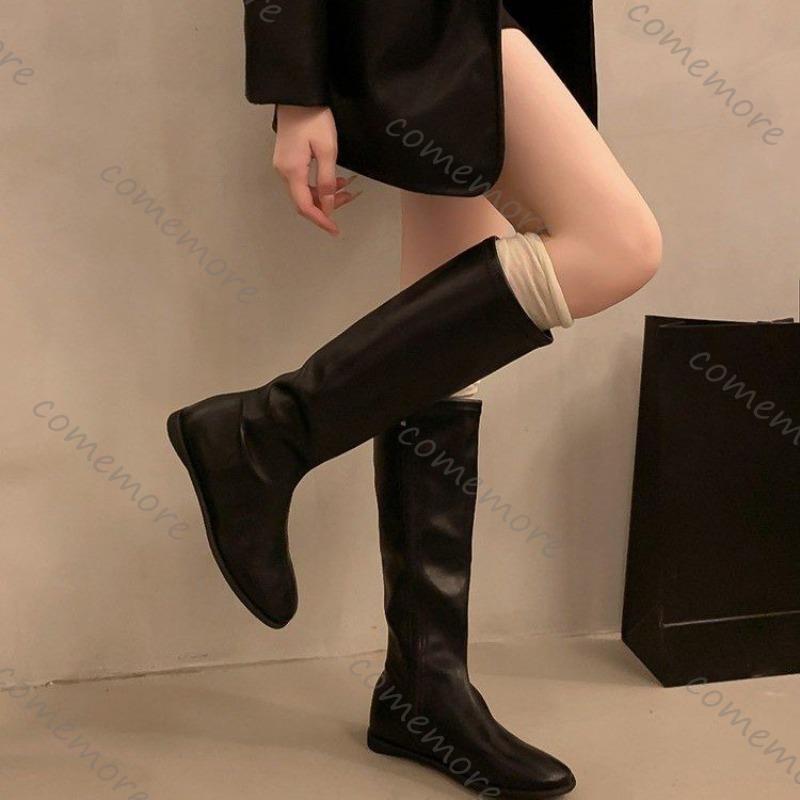 Fashion Comemore Long Boots Women's Shoes 2025 New Autumn and Winter Solid Color Botas Flat Bottom Round Head Knee High Boots for Women