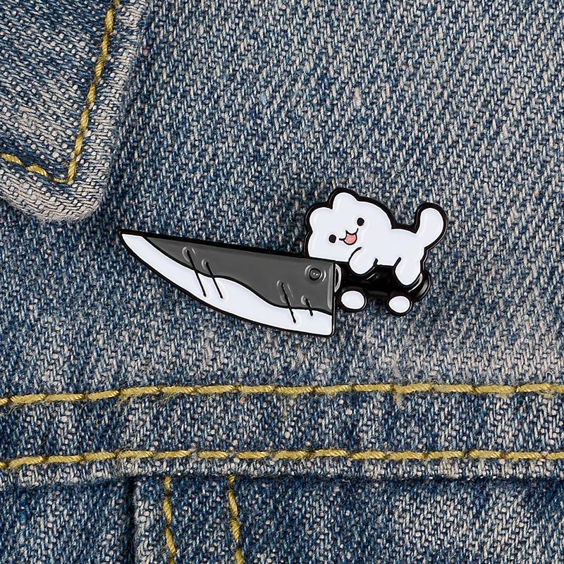 Adorable Cartoon Puppy with Fruit Knife Brooch