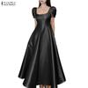 ZANZEA Women Elegant Square Collar Casual Short Sleeve A-Line Long Dress