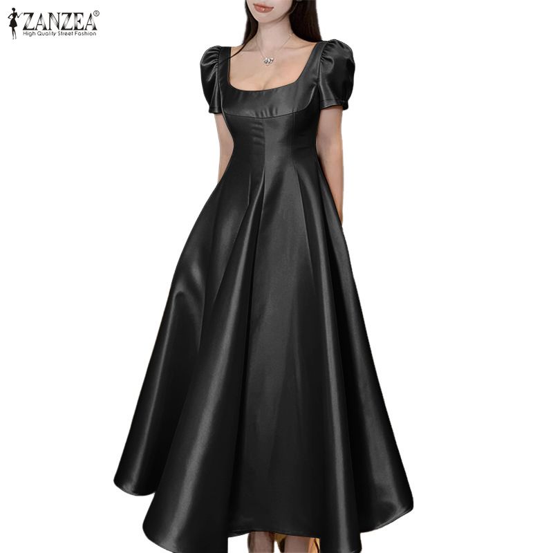 ZANZEA Women Elegant Square Collar Casual Short Sleeve A-Line Long Dress