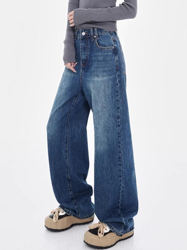Spring New Vintage Washed Wide Leg Jeans Women 2000s High Waisted Straight Loose Slim Mop Pants Korea Chic Design Blue Denim Trousers