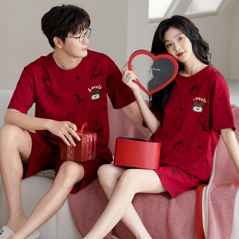 Red Pajamas Couple Summer Wedding Suit Pure Cotton Short-sleeved Men's and Women's Natal Year Cute Thin Wedding Loungewear