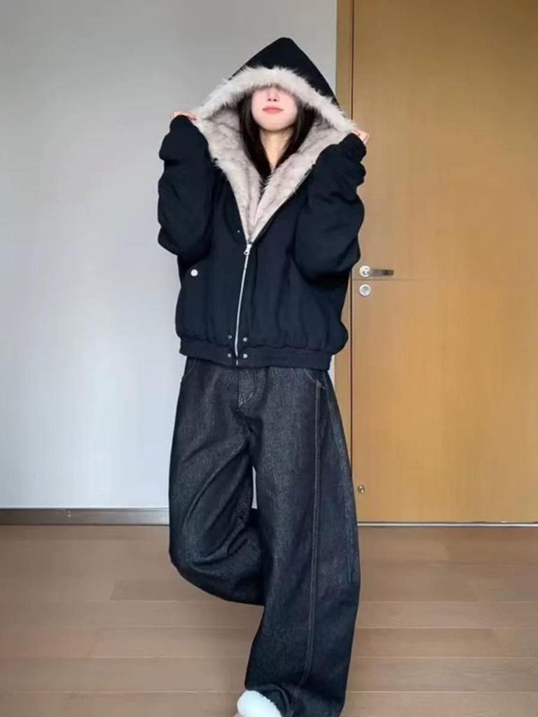 Women's American Retro Mountain Eagle Fur Collar Jacket - Winter Hooded Thick Petite Cotton Coat