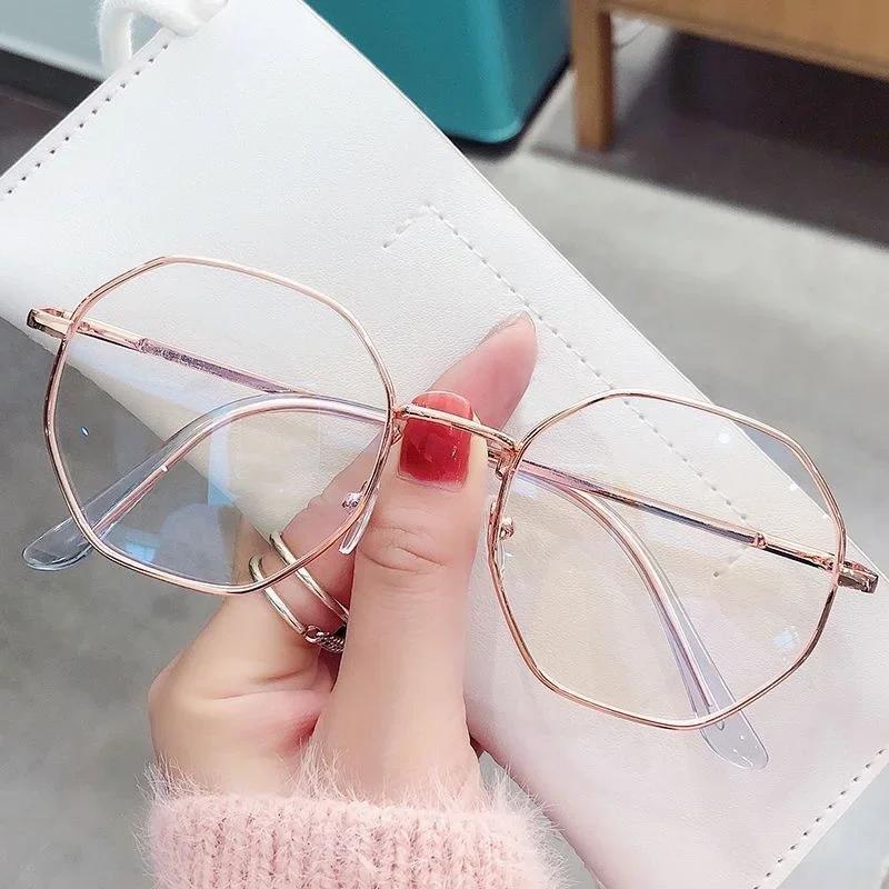 Retro Unisex Polygon Anti Blue Light Glasses Metal Frame Flat Ocular Fashion Comfortable Transparent Spectacle for Women Men