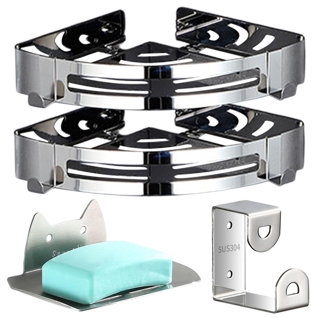 Bathroom Shower Corner Shelf with Two Hooks Stainless Steel, Wall Mount Shelves