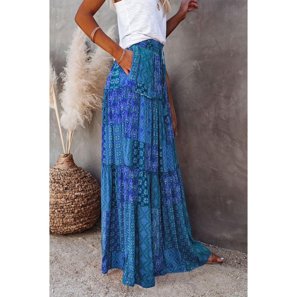Women's Fashion Bohemian Print Elastic Waist Skirt Loose Casual High Waist Tie Long Skirt