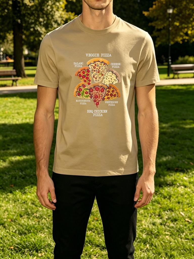 Delicious Pizza Slices Category Label Text Front Graphic Print Unisexs Crew Neck Short Sleeve Tee Casual Daily Soft Basic Wear Top