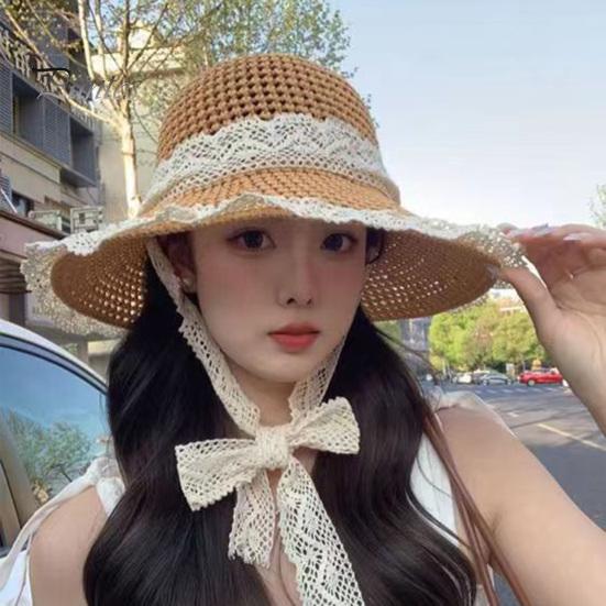 Sonnenhut aus Stroh mit breiter Krempe, gestrickter Fischerhut aus hohlem Stroh mit Spitzenbandverzierung, Sommer-Strandhut für Wanderausflüge und Reisen