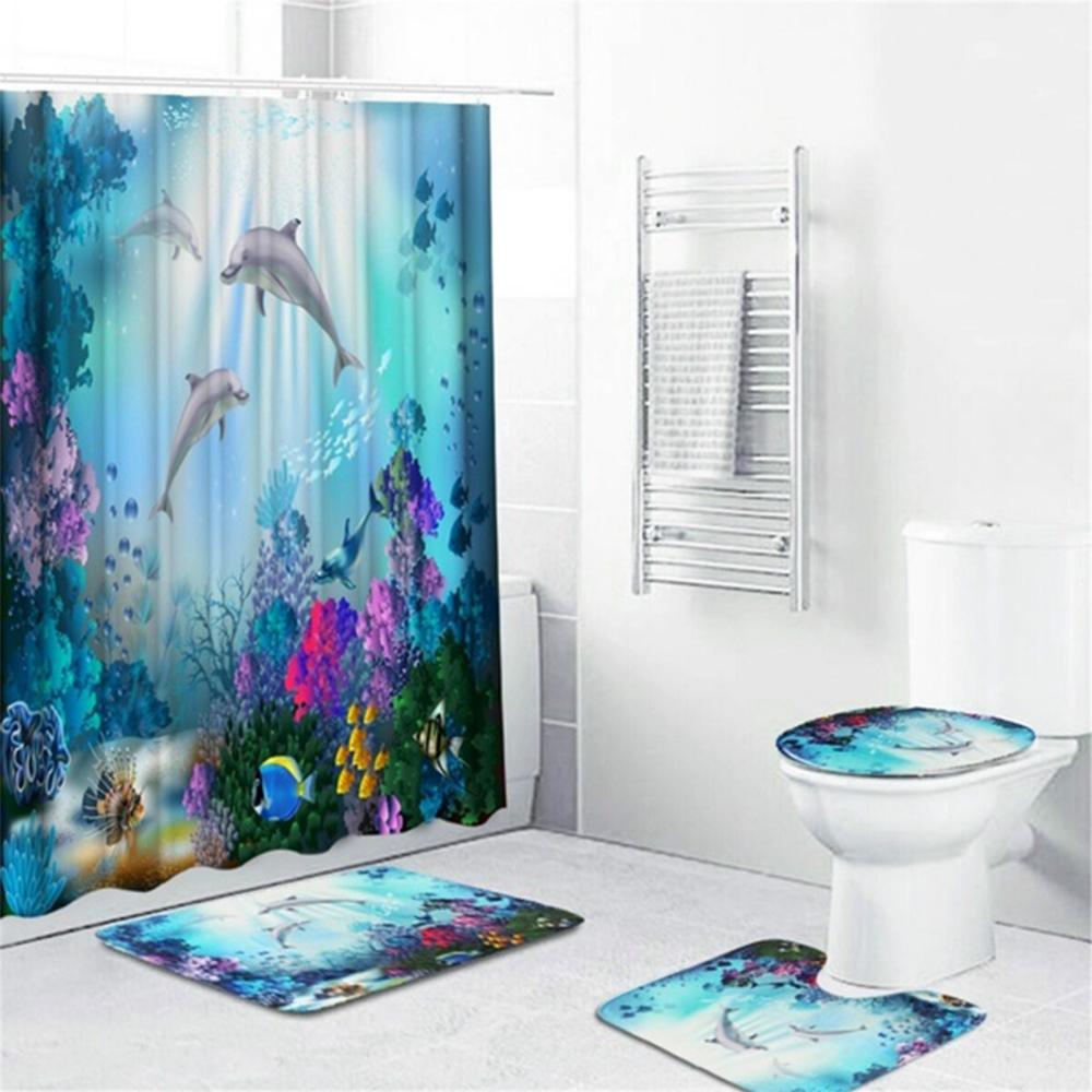 Dolphin Bathroom Decor Waterproof Shower Curtain Set Toilet Seat Cover Non-Slip Bath Mat Rug Carpet Polyester Fabric Washable