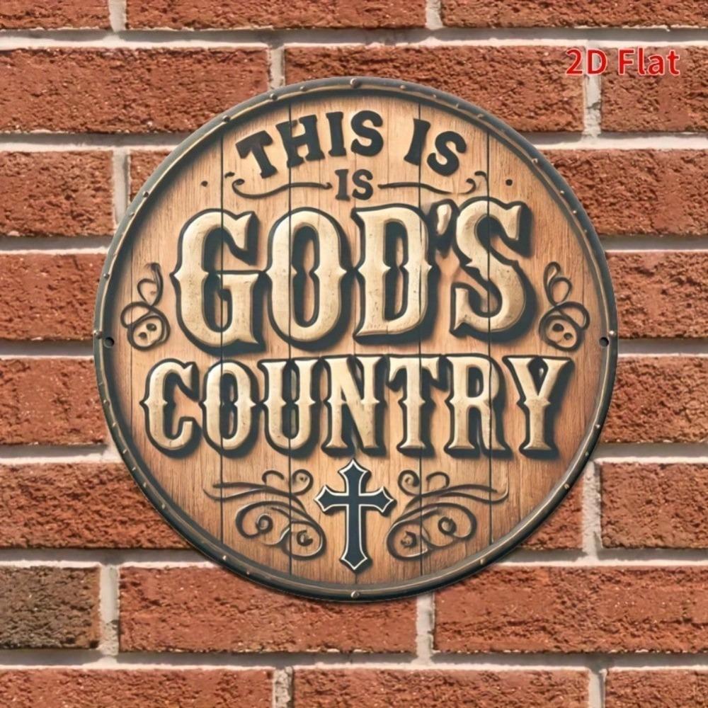 Vintage Metal Wall Art God's Country Round Sign with Cross Leaf Motifs 7.8x7.8 Inch Rustic Indoor Outdoor Decor for Home Cafe Garden