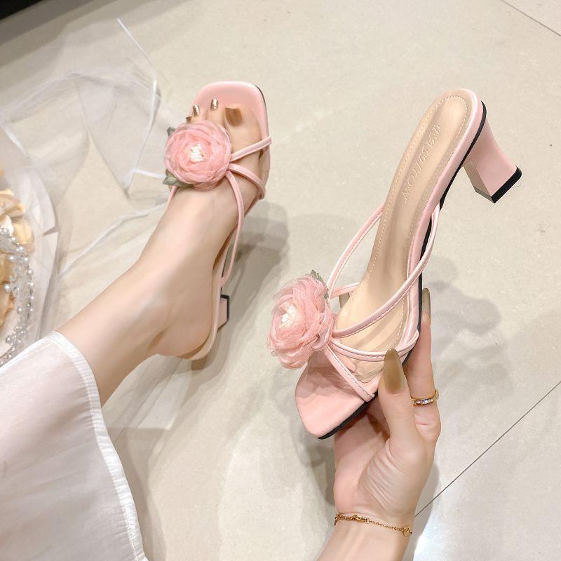 Large size women's shoes wide fat feet slippers women's sexy rose half drag summer 2025 new fashion high heel sandals