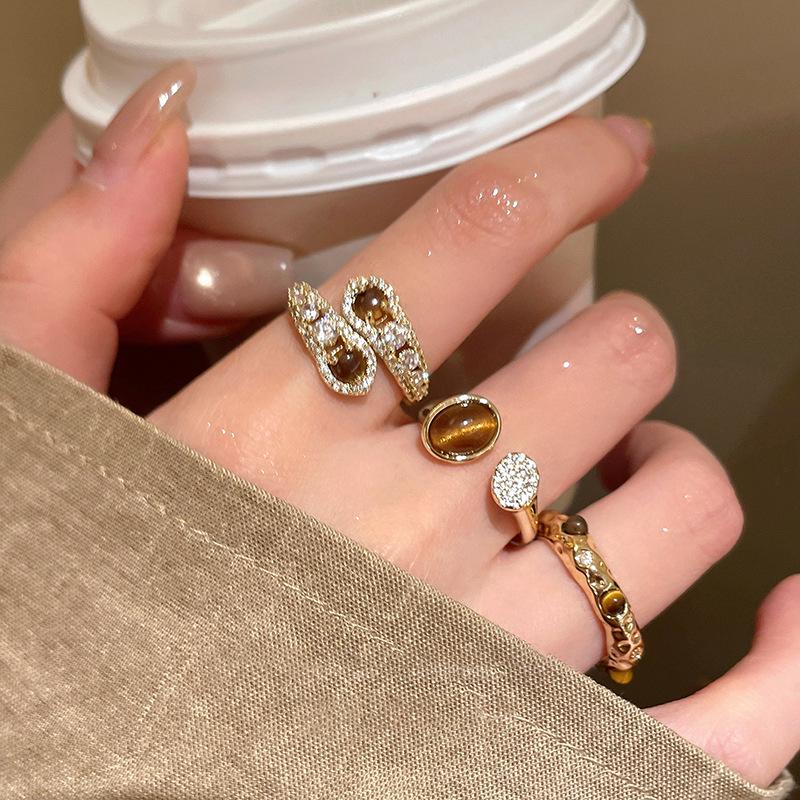 Real Gold Plated Tiger's Eye Zircon Open Bangle – Vintage Court-Style High-End Jewelry for Women.