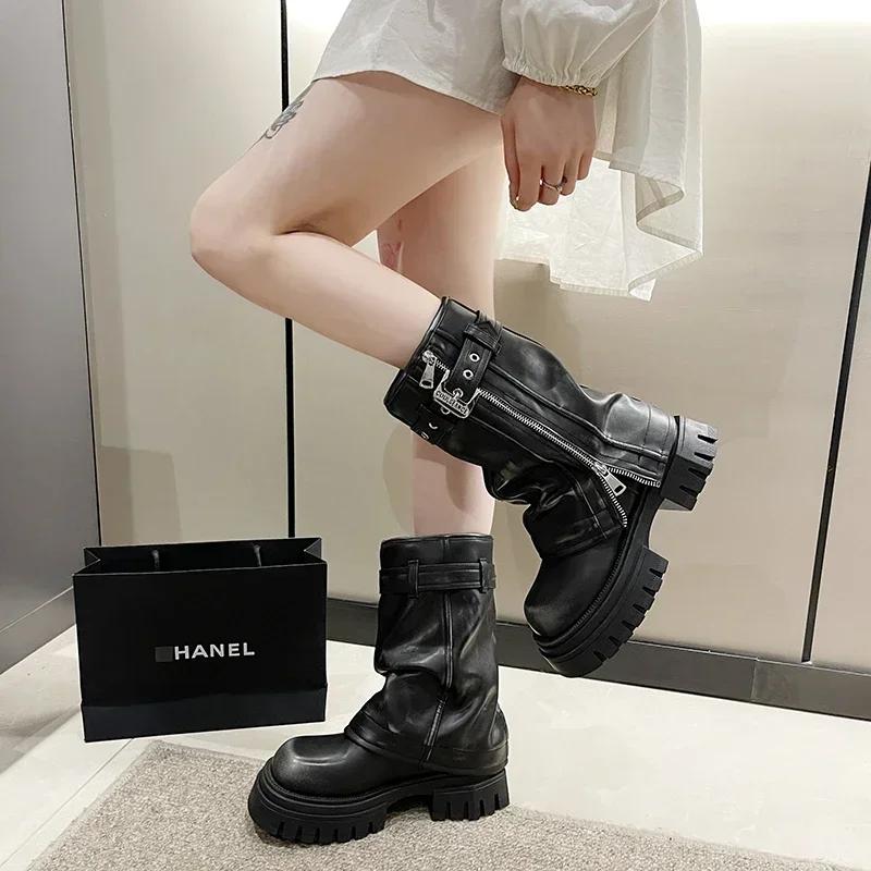 Fashion 2025 New Shoes for Women Belt Buckle Women's Boot Fashion Side Zipp Modern Boots Women High Quality Round Toe Mid-Calf Zapatos