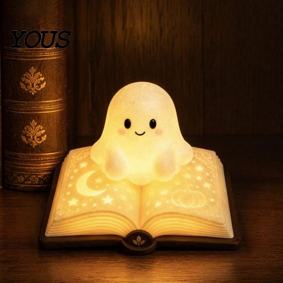 Lâmpada de Mesa Figurine Fantasma Livro Mágico Luz Noturna, Resina de Mesa Brilho Quente com Lua Luz Fofa Estrela em Relevo, Mesinha de Cabeceira para Dormir para Crianças