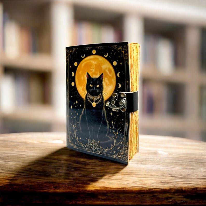 Mystic Black Cat Moon Journal | Gothic Grimoire Diary | Witchy Spell Book | Handmade Lock Journal