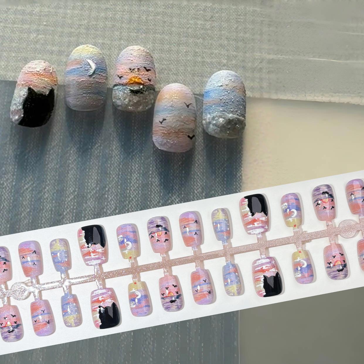

Sunset Beach Kitten 3D Press-On Nails, Niche Oil Painting Style, White & Purple Ombre YM058 Sunset Kitten [XS/S/M]