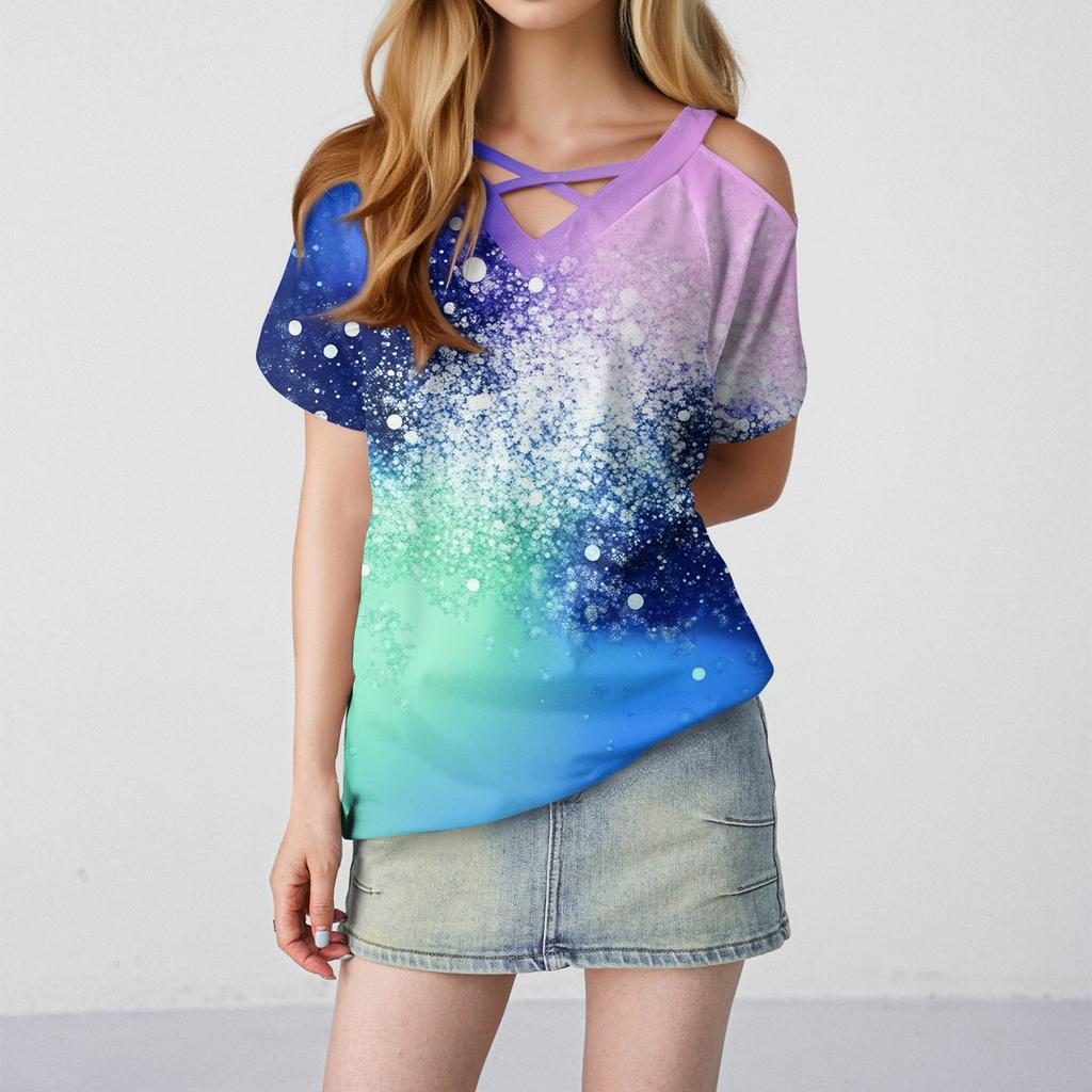 Women's Gradient Print Casual Off-Shoulder Strappy V-Neck Short-Sleeved T-Shirt