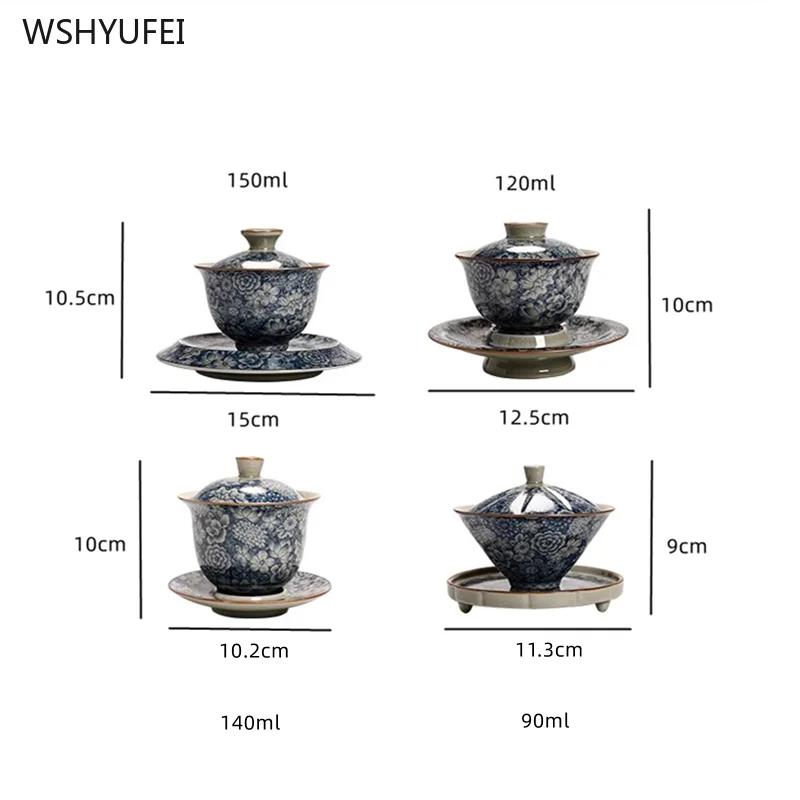 Ru Kiln Blue and White Ceramics Three Talent Bowl Household Chinese style tea bowl Retro tea maker teacup 1pcs
