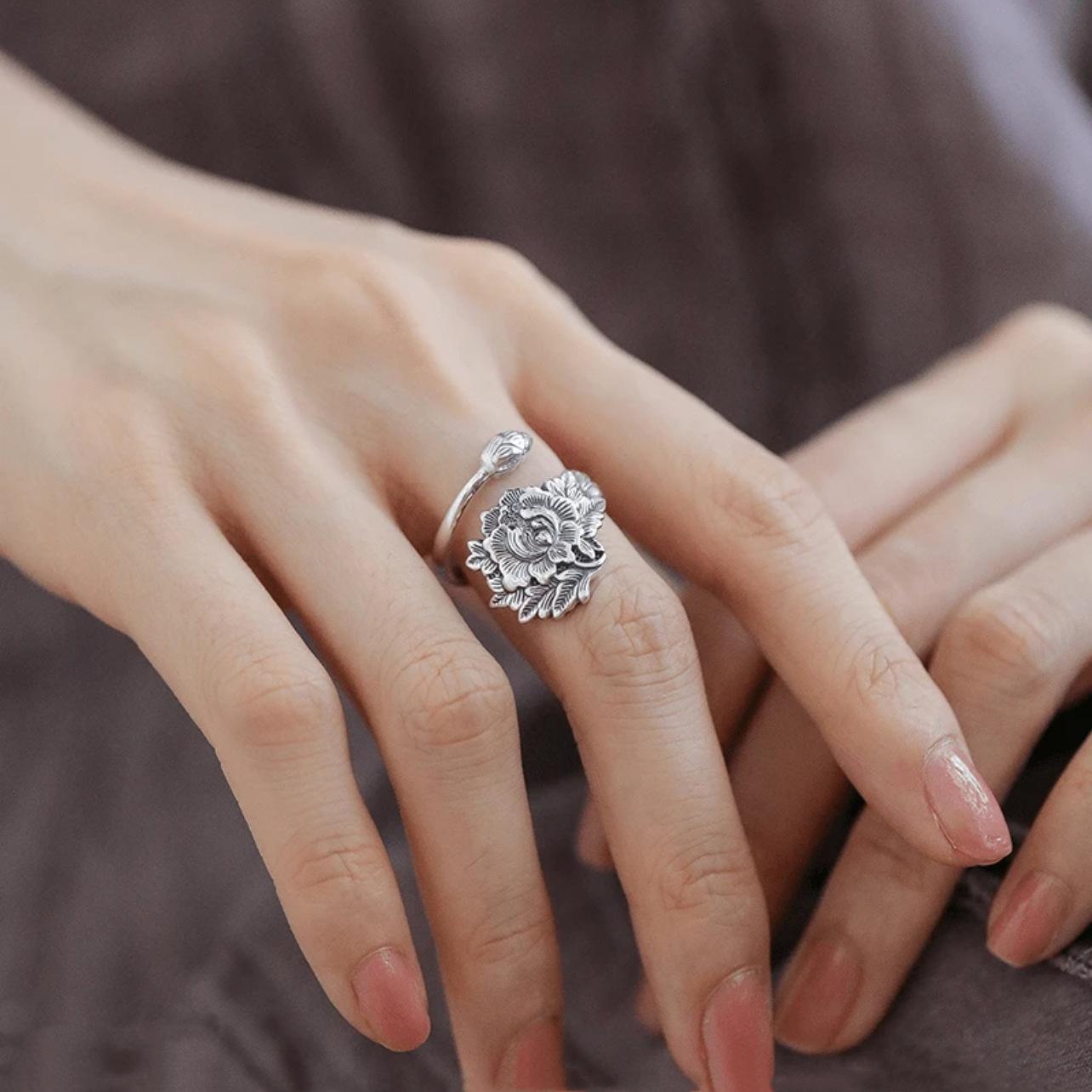 Vintage Ethnic Handmade Peony Vine Ring For Women Classical Artistic Distressed Adjustable Band