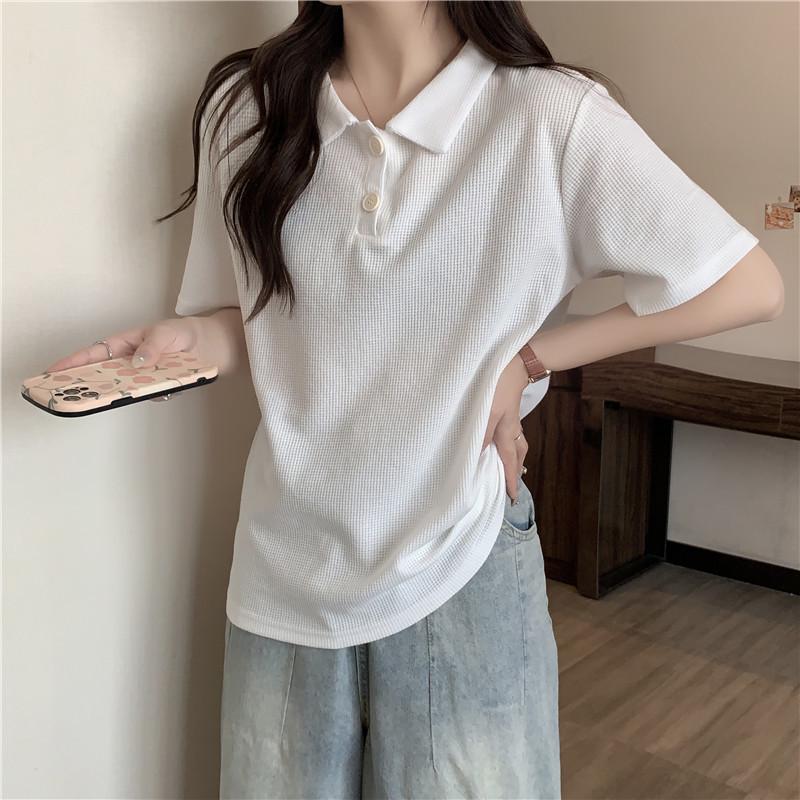 

Женский летний вафельный топ с коротким рукавом, с воротником поло, свободного и приталенного кроя, студенческий, хлопковый