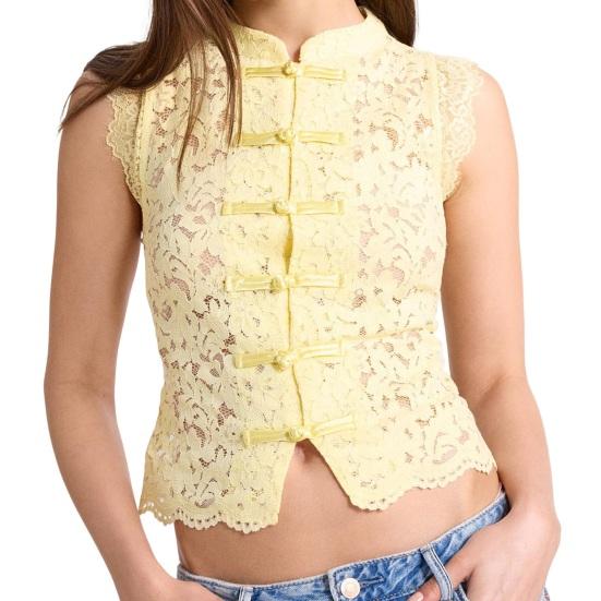 Women Tops Stand Collar Sleeveless Knot Button Short Tops Embroidery Lace Perspective Blouse Streetwear
