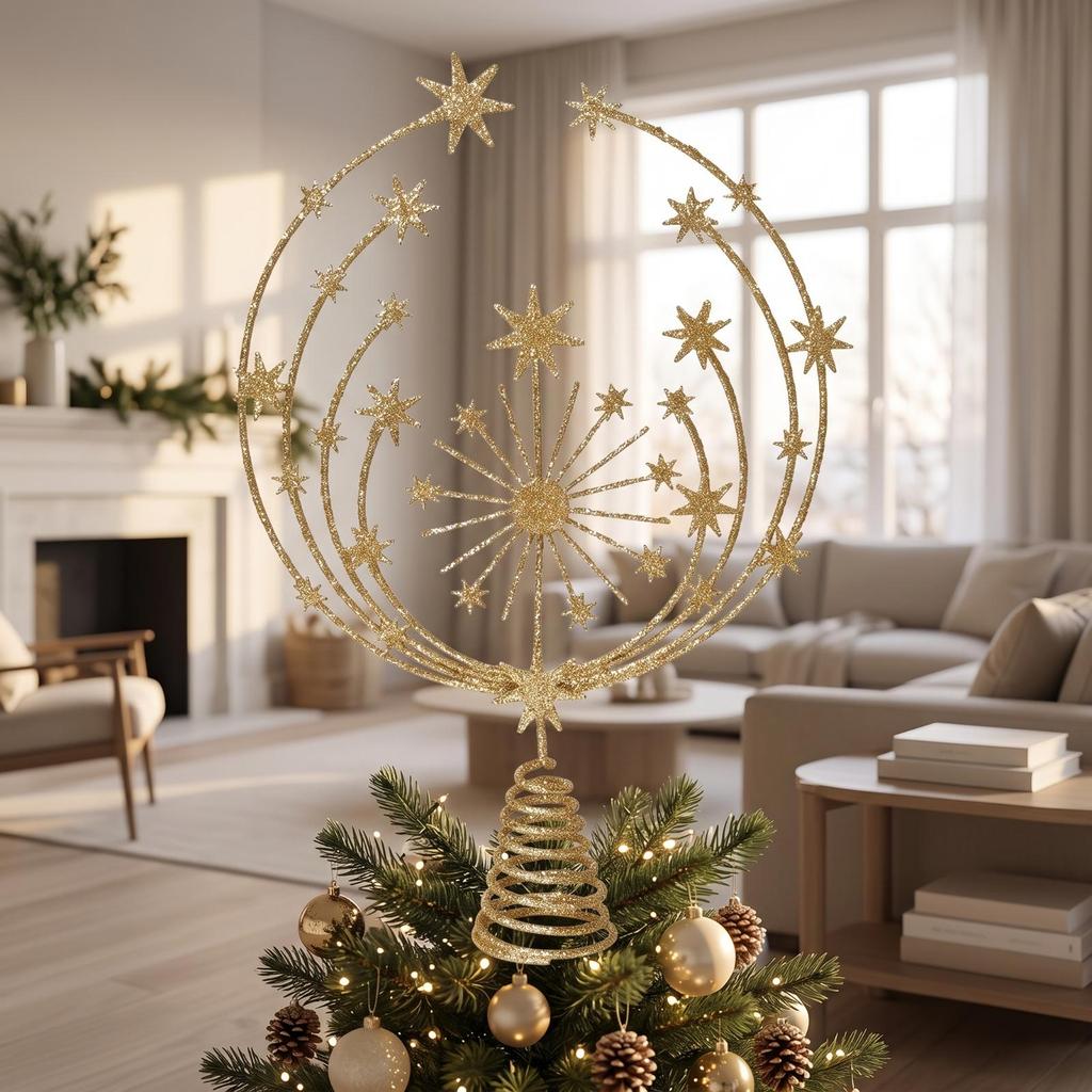 Christmas Tree Top Finial | Glittery Openwork Design, Gold-Toned, Ornament, for