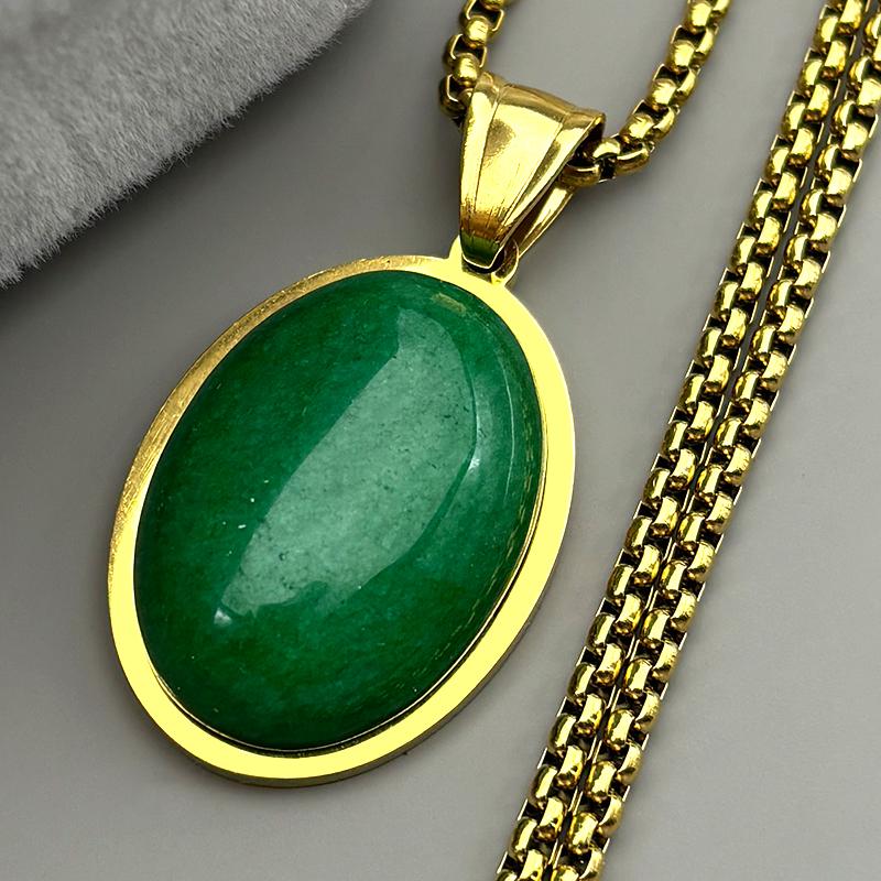 Trendy Natural Stone Female Chain For Women Men Stainless Steel Green Oval Shape Elegant Party Elegant Charm Necklace Jewelry