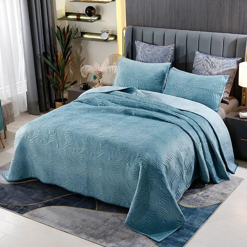 Europäisches gestepptes Samt-Tagesdecken-Set für King-Size-Betten, wendbare Vintage-Steppdecken, Queen-Size-Bettbezug mit 2 Kissenbezügen, weiche, warme Bettdecke