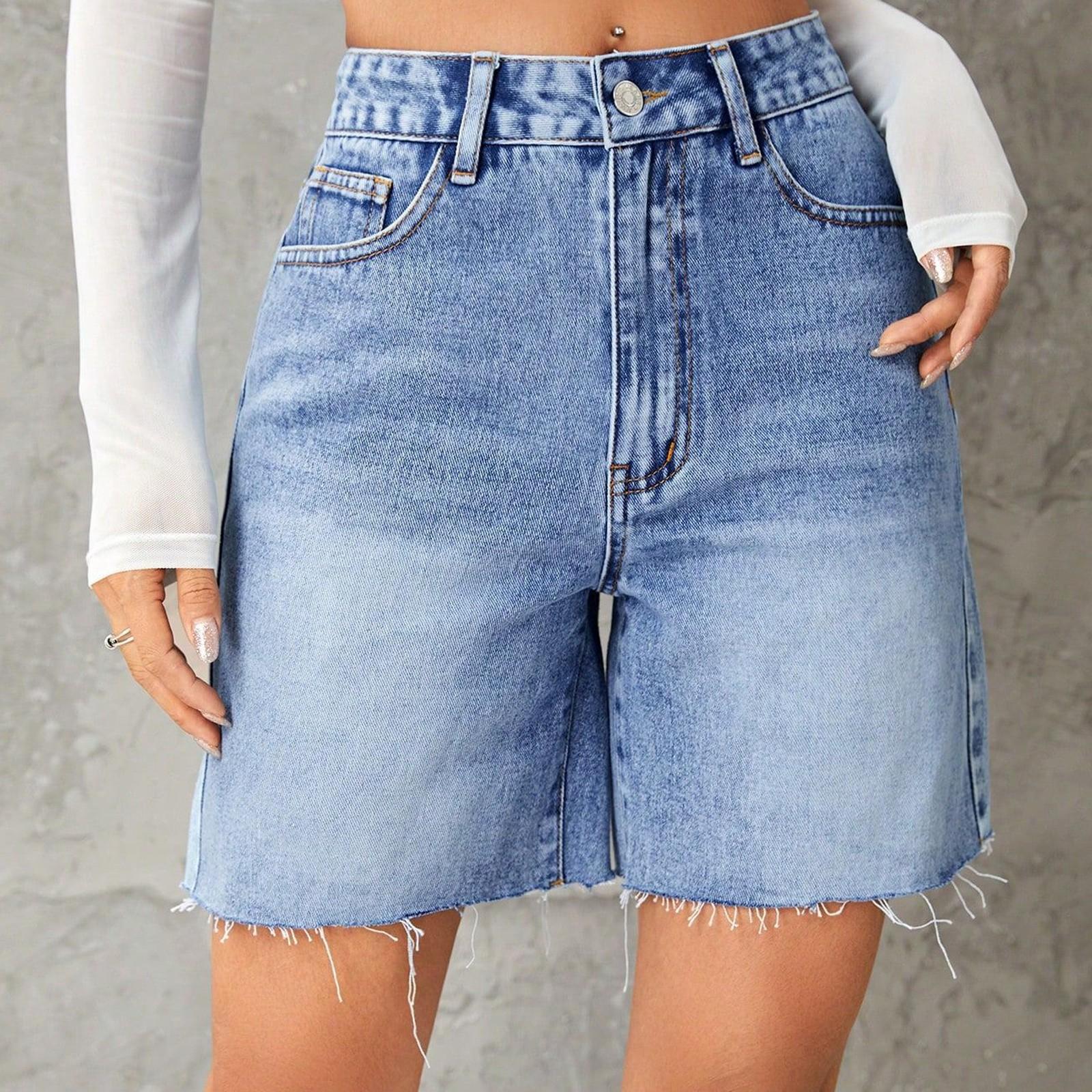 

Джинсовые шорты-бермуды для женщин, высокие модные длинные эластичные джинсовые шорты длиной до колена, повседневные летние шорты S синий