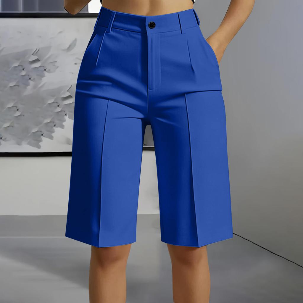 High Waist Straight Leg Bermuda Shorts for Women Casual Tailored Office Style Five Inch Length with Belt Loops and Front Pleats