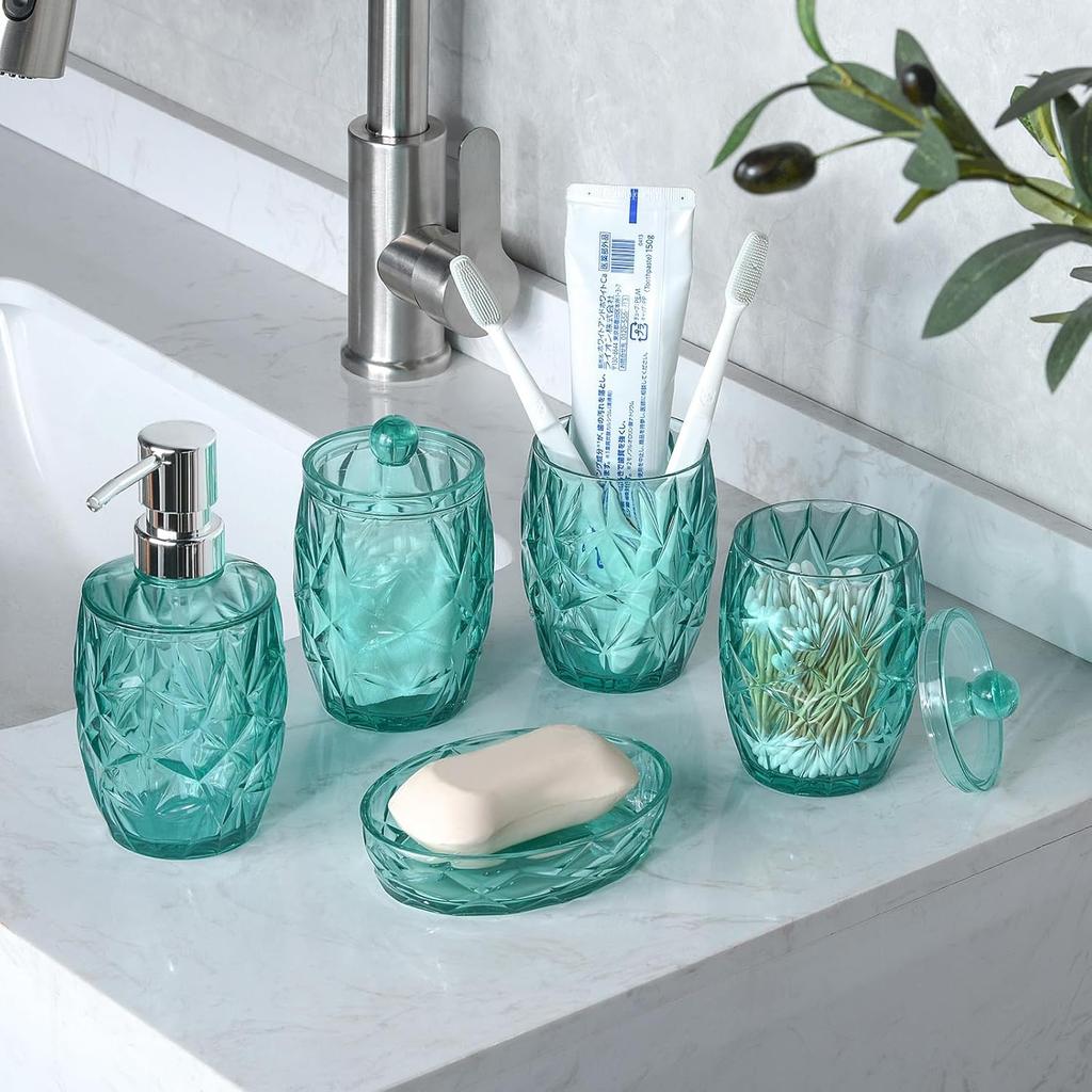Teal Blue Bathroom Accessories Set 5pcs - Lotion Soap Dispenser, Toothbrush Holder, 2 Qtip Holder, Soap Dish, Bathroom Accessory Set, Modern Bathroom