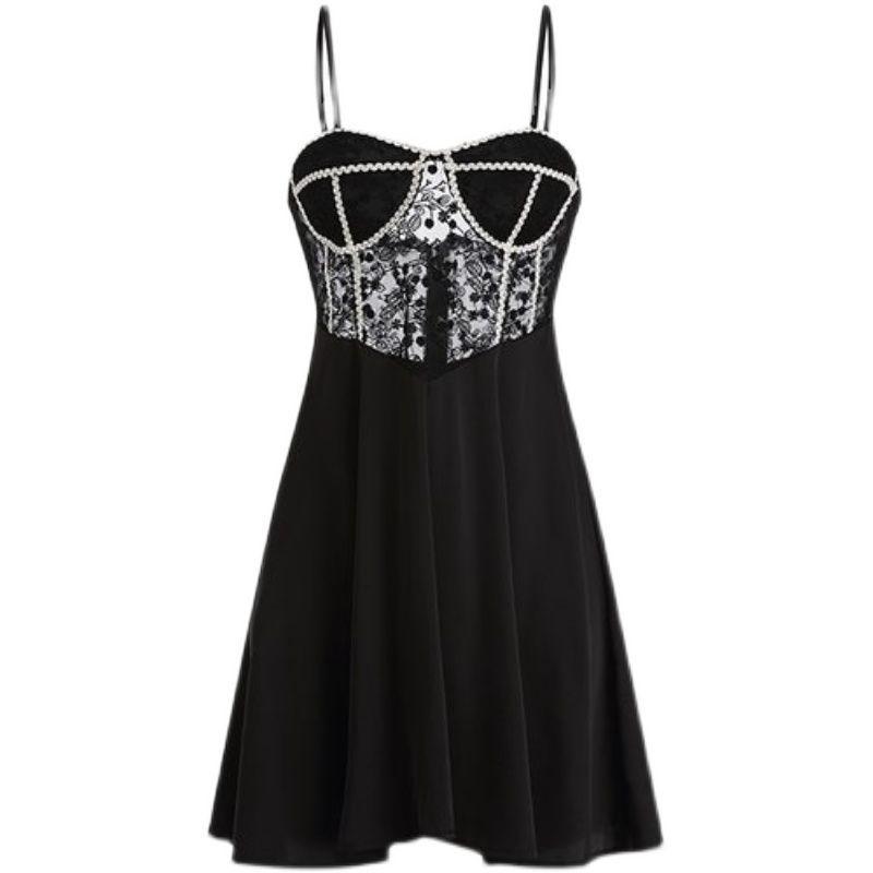 Sexy pajamas women's small breasts pure lace suspender chest pad nightdress French light luxury dress