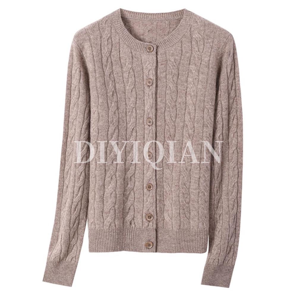 DIYIQIAN Damen Klassischer Retro Zopfmuster Woll-Cardigan - Herbst/Winter Rundhals Vielseitiges Oberteil