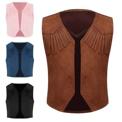 Boys Western Cowboy Vest Pointed Hem Fringe Decor Open Front Jacket for Carnival Party