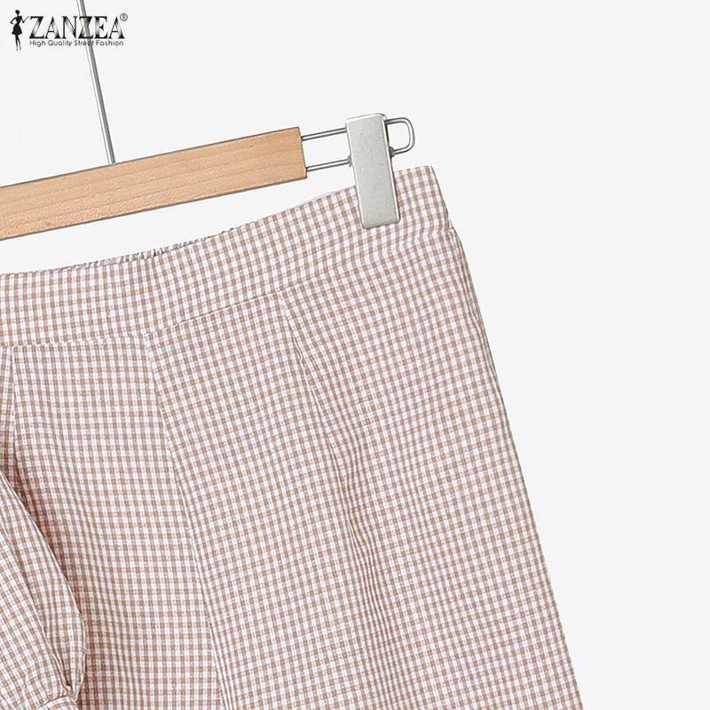 ZANZEA Women 3/4 Sleeve Blouse and Pants Plaid Print Two Piece Suit Sets