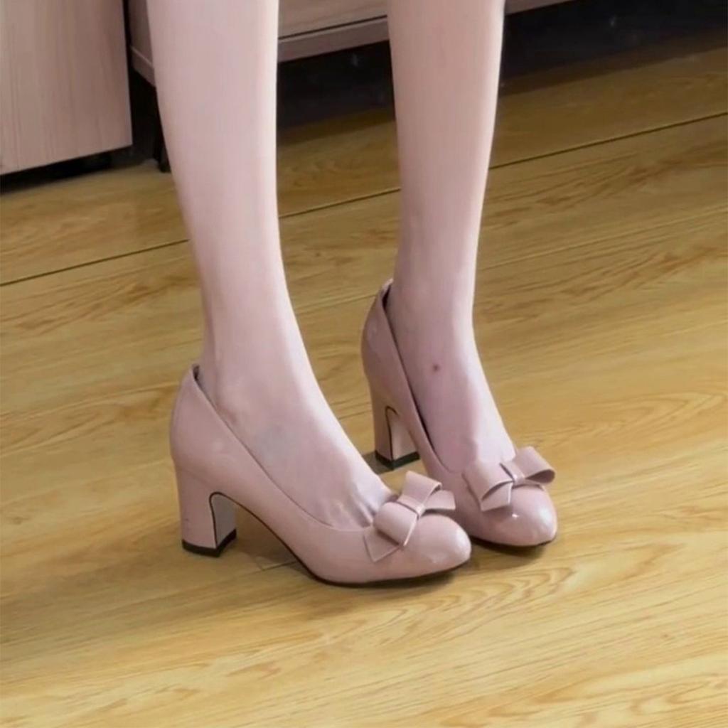 Round head thick heel high heels bow light mouth single shoes design sense spring and autumn nude