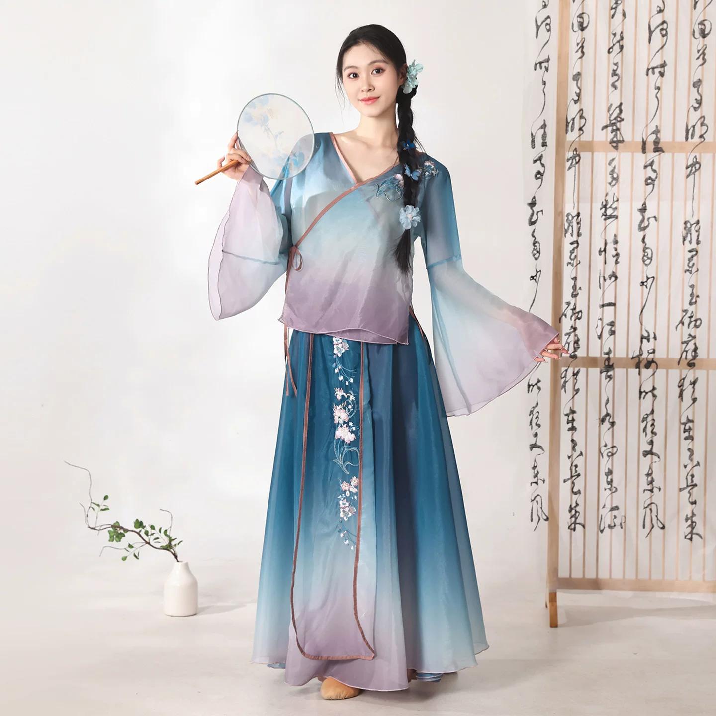 Women s Gradient Embroidered Chinese Classical Dance Set, Sheer Flare Sleeve Top & Flowy Maxi Skirt For Performance 2XL синий