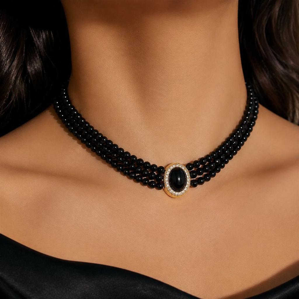 European and American black multi-layer pearl necklace retro court gothic collarbone chain women's banquet wedding season jewelry