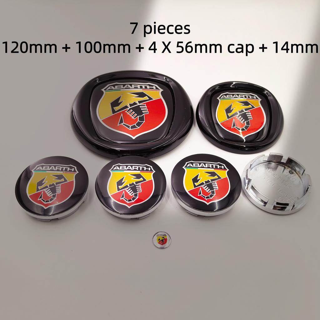 8pcs fiat Abarth Car Front grill front Rear Bumper tail door trunk Emblem 85/95/100/120mm Wheel Center Hub Cap Badge Rim Cover
