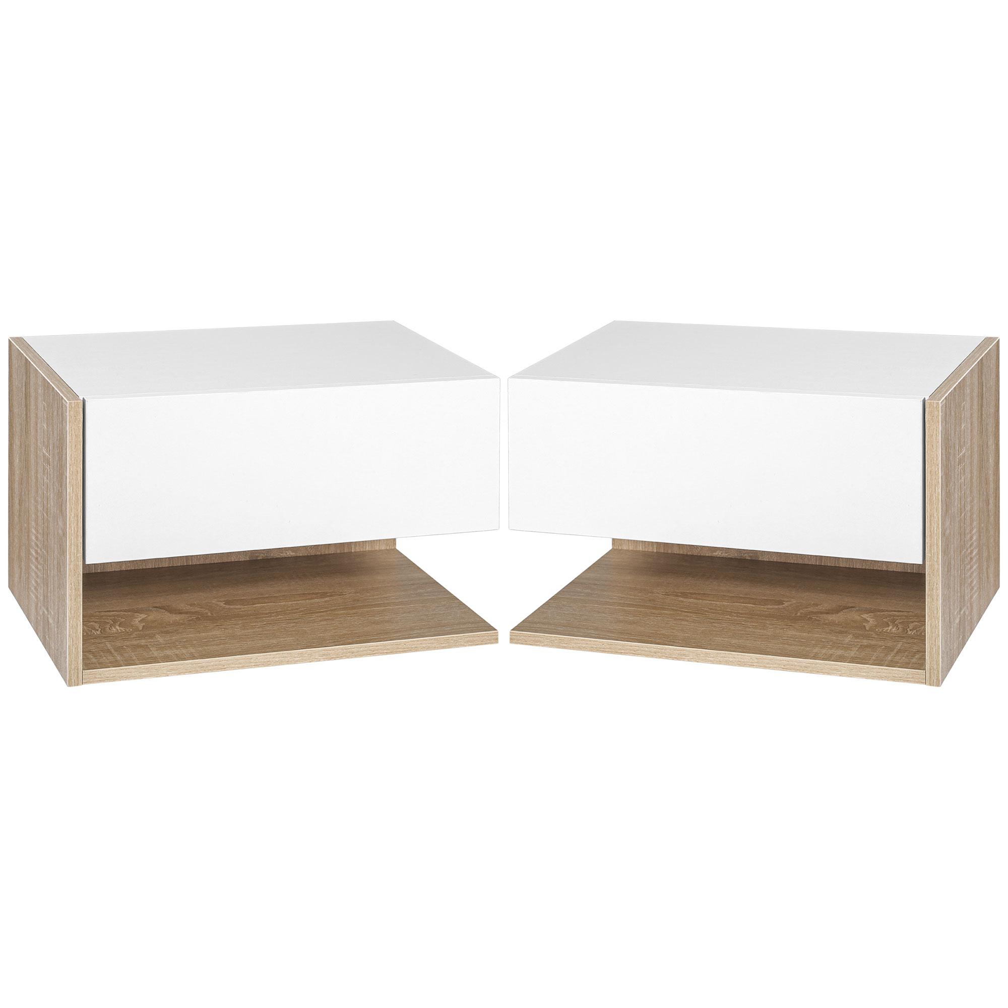 2 db Fali éjjeliszekrény szett - 2 db éjjeli szekrény szett - Csúszó fiók, Polc, Kéttonusú tölgyfa hatású fehér 46 x 30 x 30 cm