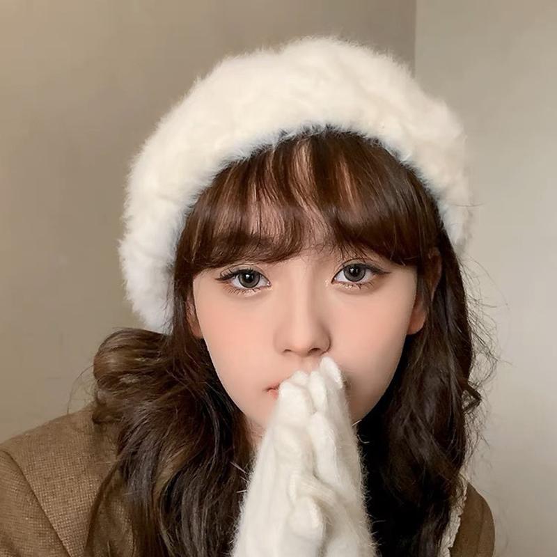 Faux Rabbit Fur Berets for Women Autumn Winter Warm Plush Painter Cap Korean Solid Color Lady Artist Hats