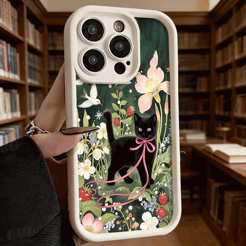 Black Cat in Flower Garden Soft TPU Phone Case For Samsung Galaxy S23 S24 S25 S26 Ultra S22 S21 S20 Plus FE A35 A55 A56 Cover