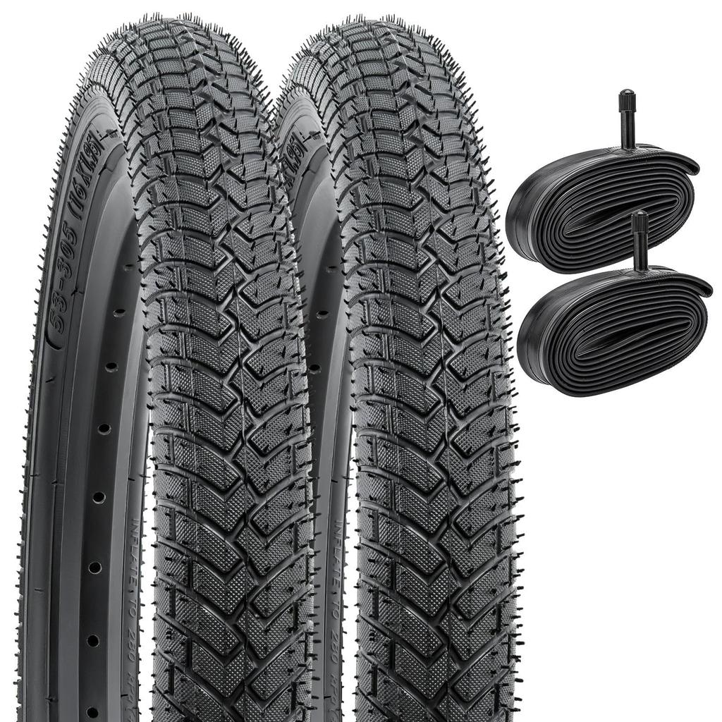 YunSCM Set of 2 16x1.95 Tires, 16x1.95 53-305 Bicycle Tires + 16x1.75/2.125 Tubes with 32mm Schrader Valves, for 16-inch 1.95 Mountain Bikes, Y-1199