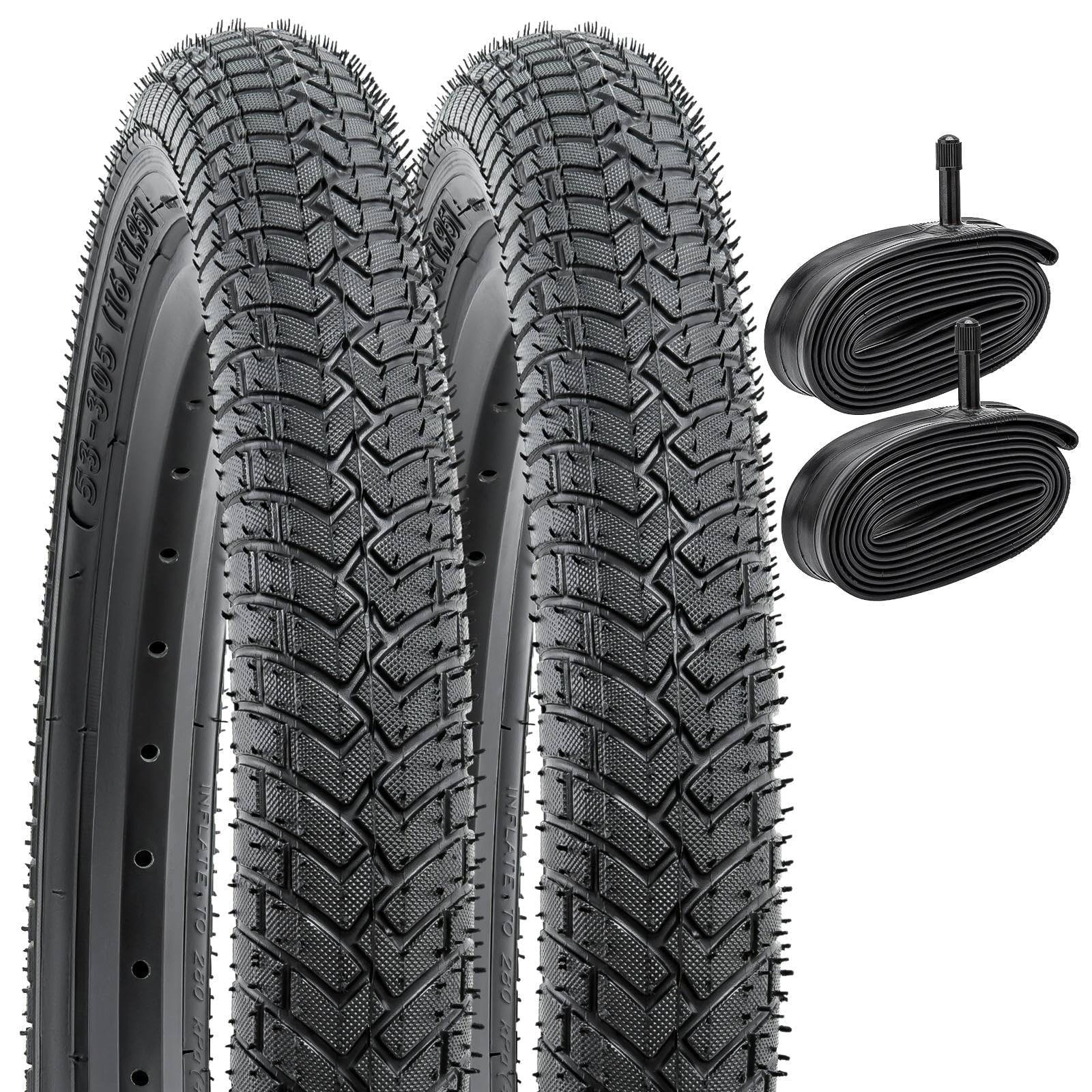 

YunSCM Set of 2 16x1.95 Tires, 16x1.95 53-305 Bicycle Tires + 16x1.75/2.125 Tubes with 32mm Schrader Valves, for 16-inch 1.95 Mountain Bikes, Y-1199