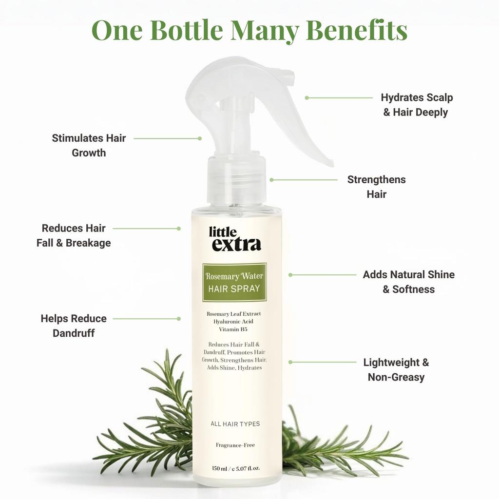 Little Extra Rosemary Water Spray for Hair Growth & Hair Fall Control - Strengthens Hair, Adds Shine, Thicker Hair, Hydrates Scalp, Reduces Dandru