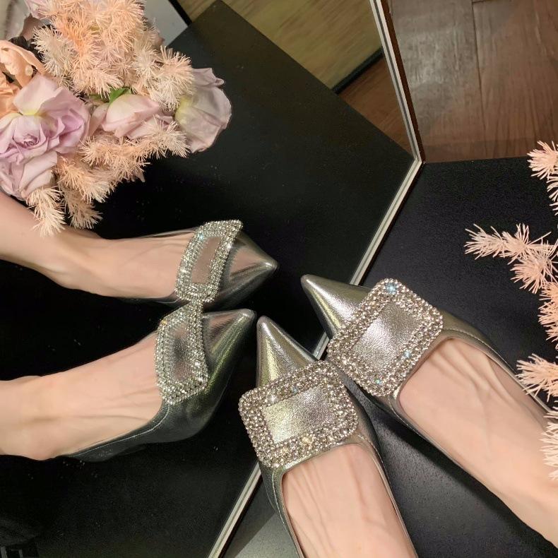 Sheepskin Version of Spring and Autumn French Celebrity Style Temperament Square Buckle Rhinestone Single Shoes Women's Pointed Flat Shoes Genuine Lea