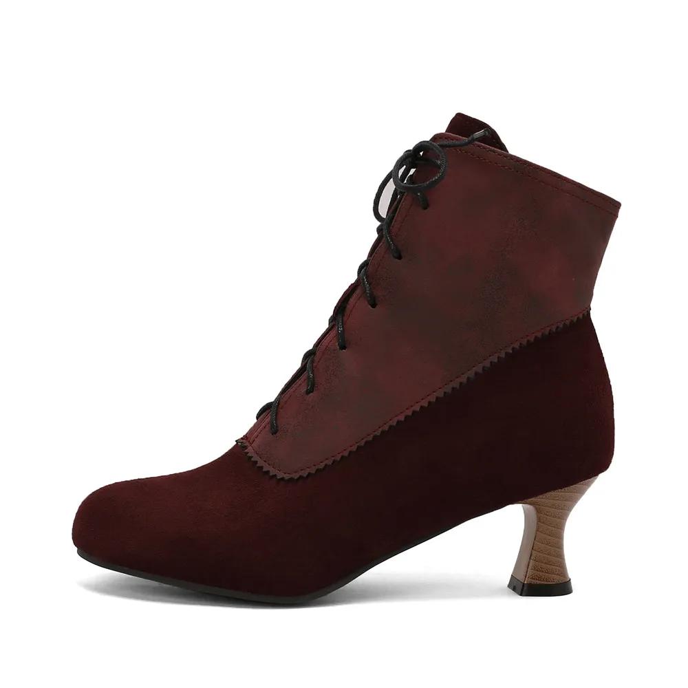 Autumn New Lace Up Ladies High Heel Shoes Strange Steampunk Boot Victorian Ankle Boots Women Round Toe Side Zip Short Boots