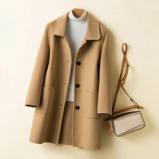 Women Winter Coat Formal Business Style Turn-down Collar Single-breasted Mid Length Overcoat OL Commuting Jacket Solid Color Thick Outerwear