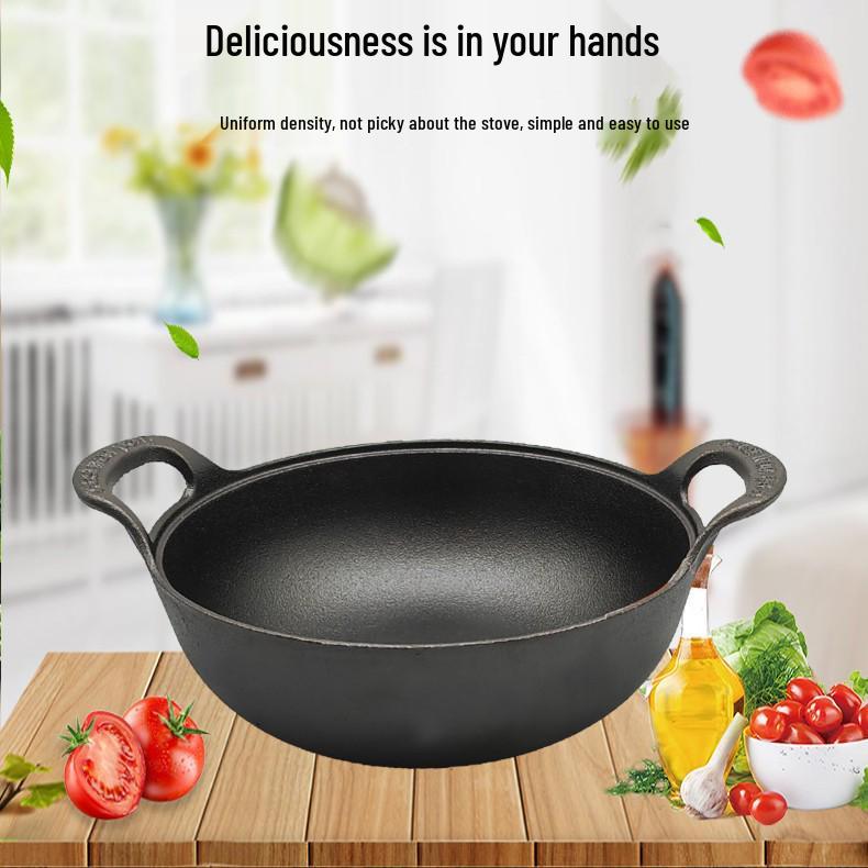 Cast Iron Double Ear Stew & Fry Pan, Non-stick Flat Bottom, Universal for Gas & Induction Cooktops, Large Size.